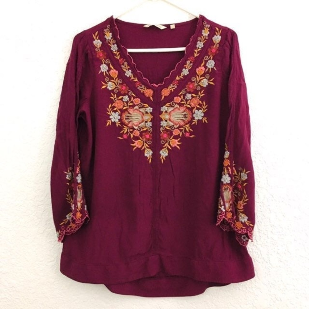 Soft Surroundings V-Neck Embroidered 3/4 Bell Sleeves Tunic Fuchsia Magenta M
